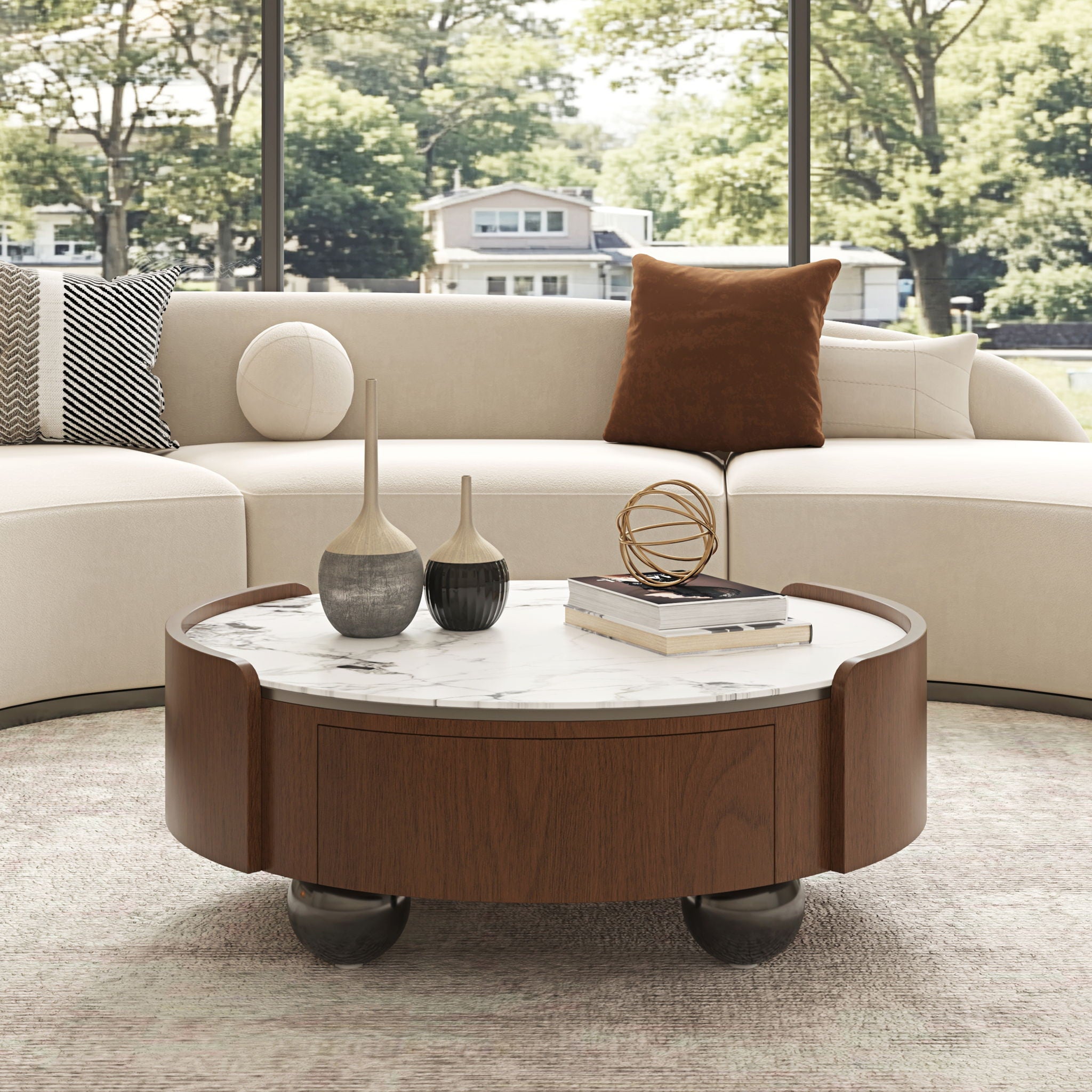 Round Coffee Table With Ball Feet, Dual Storage Drawers For Living Room - Walnut Brown
