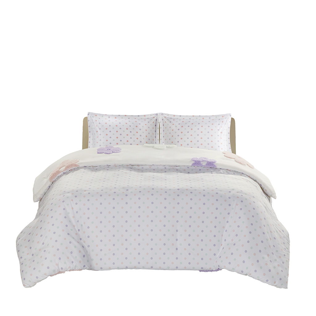Gracie - Floral Reversible Tufted Chenille Twin Duvet Cover Set - White / Purple