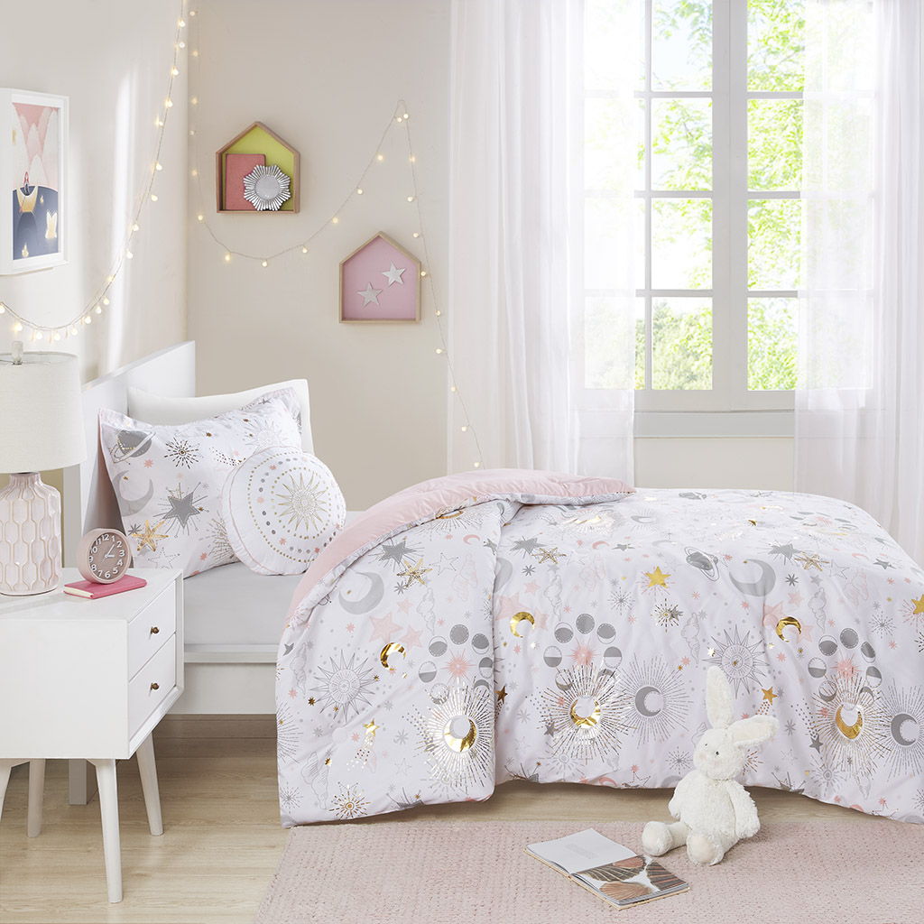 Celia - Starry Sky Metallic Printed Comforter Set - Blush / Gold