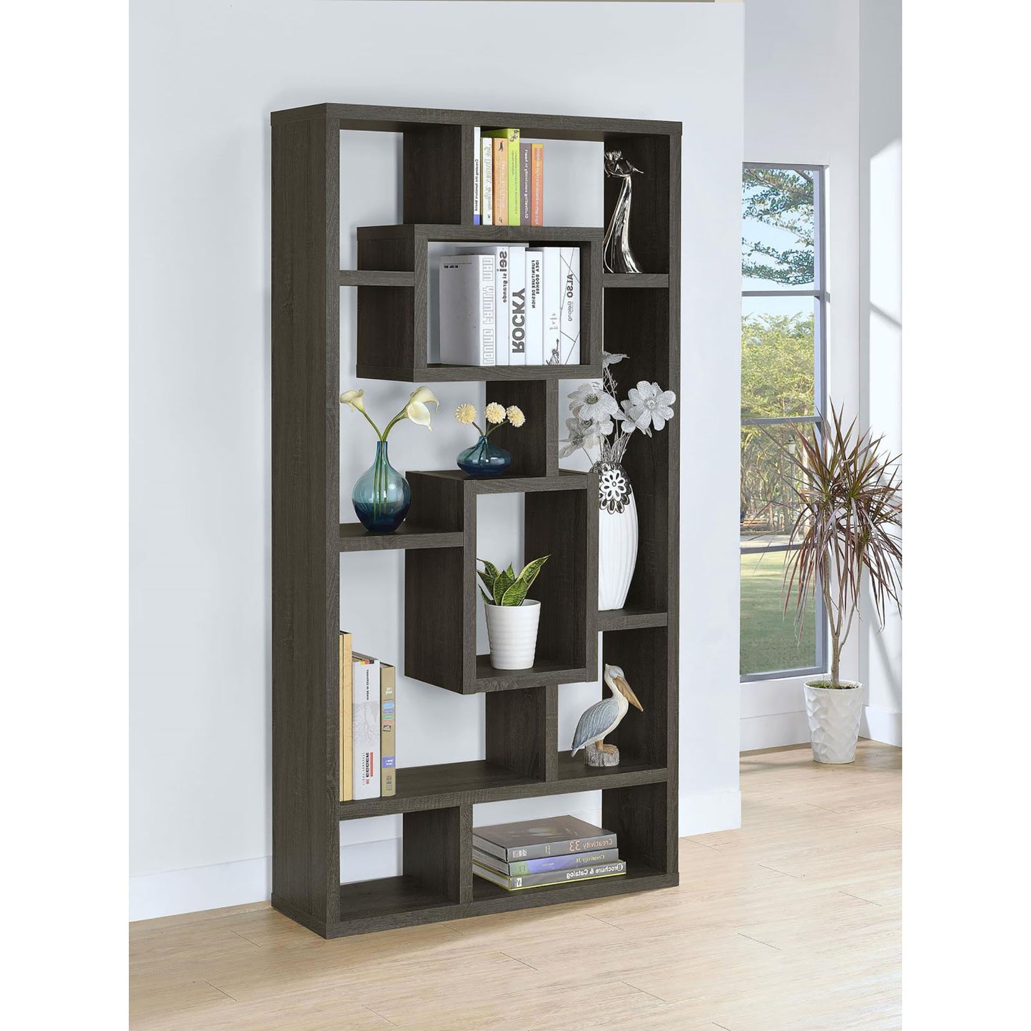 10 Shelf Open Back Bookcase With Interlocking Shelves - Gray