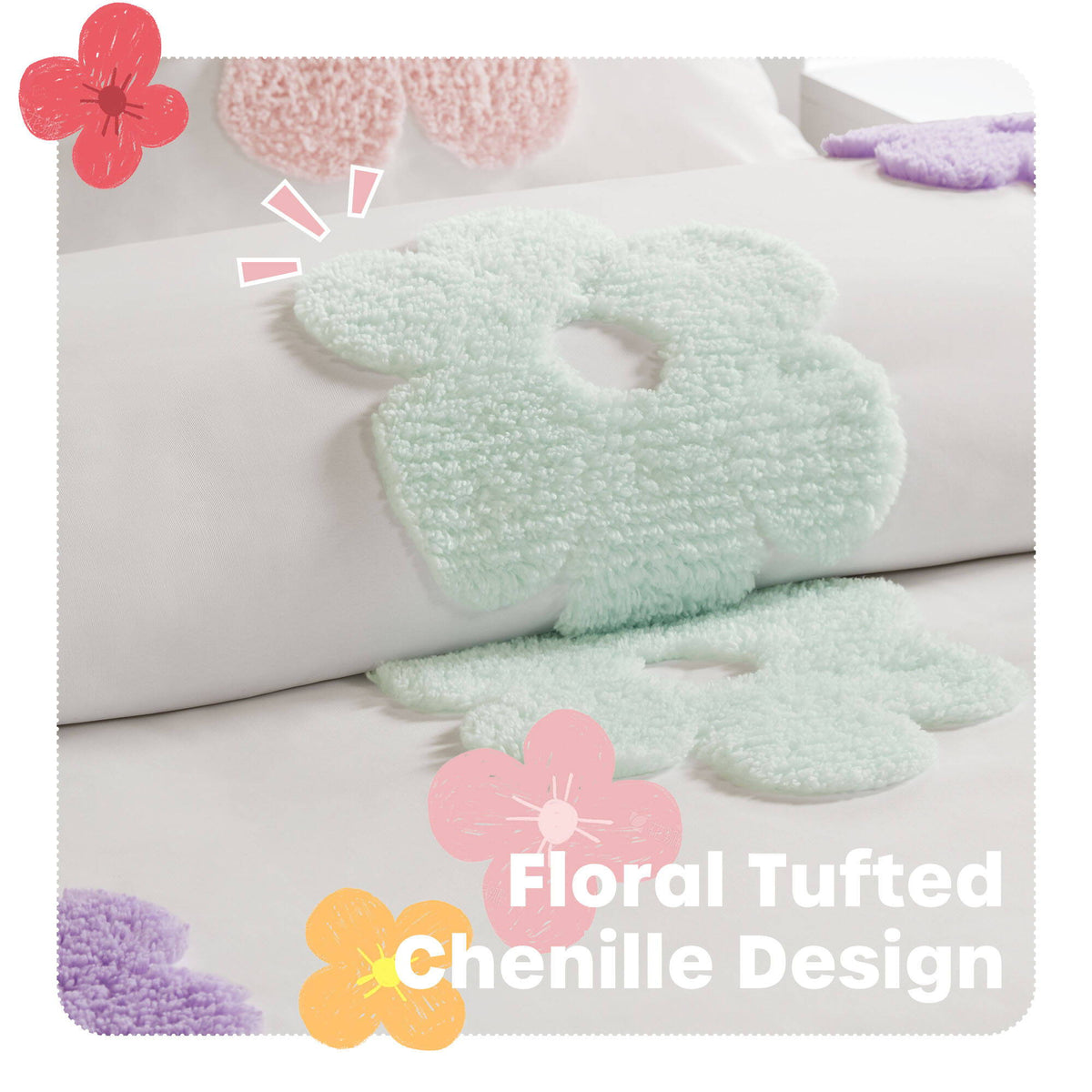 Gracie - Floral Reversible Tufted Chenille Comforter Set With Flower Throw Pillow - White / Purple