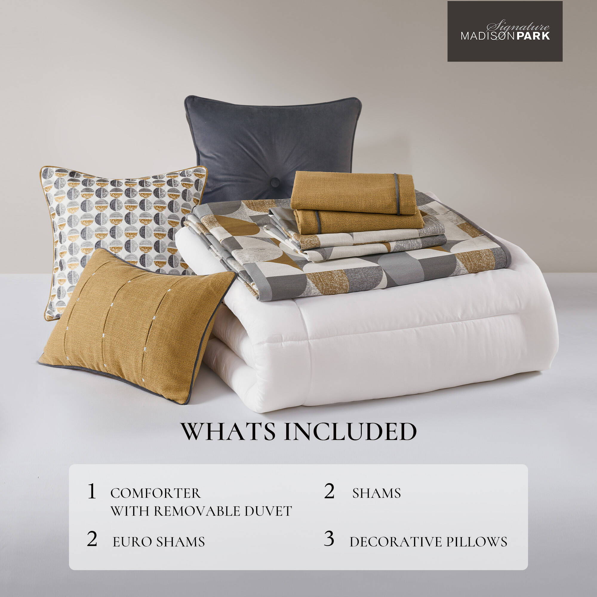 Cirque - 8 Piece Queen Oversized Duvet Style Comforter Set - Gold