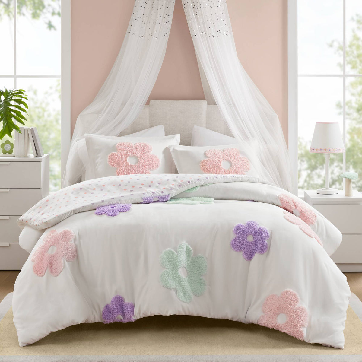 Gracie - Floral Reversible Tufted Chenille Duvet Cover Set - White / Purple