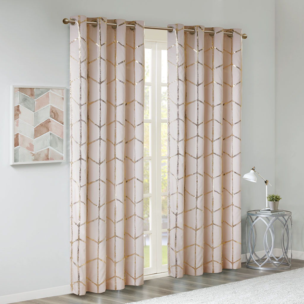 Raina - 84" Total Blackout Metallic Print Grommet Top Curtain Panel - Blush / Gold