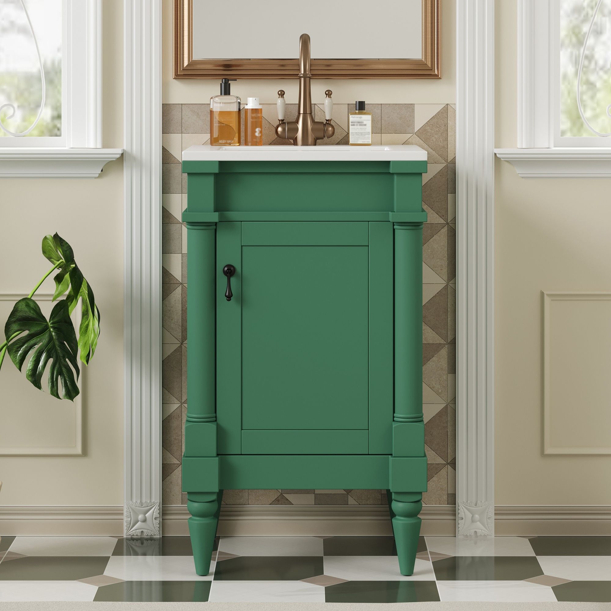 Bathroom Vanity With Sink, Compact Storage Cabinet With Door, Adjustable Shelf, Rectangular Style - Green