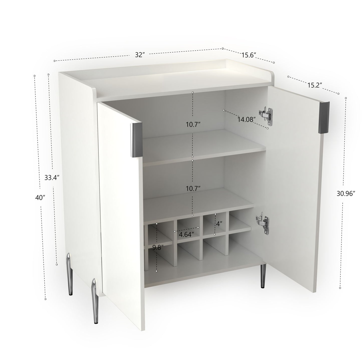 2 Door Wine Bar Cabinet With Adjustable Shelf, Soft-Closing Hinges, And High Feet - White