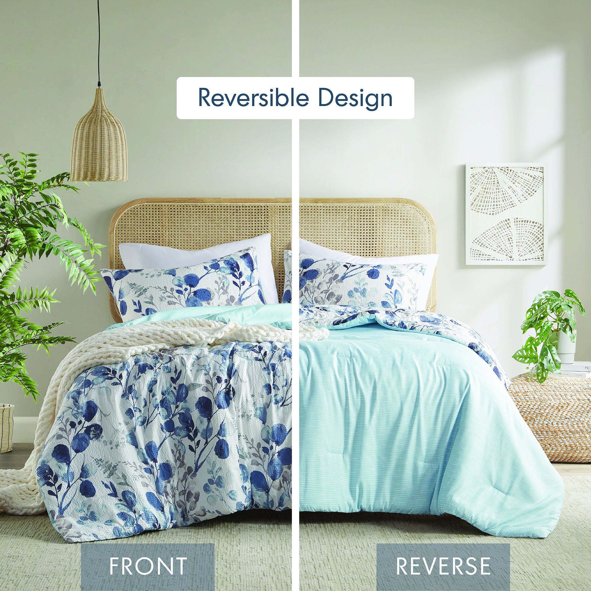 Gabby - King/California King Reversible Floral Botanical Seersucker Comforter Set - Navy/Blue