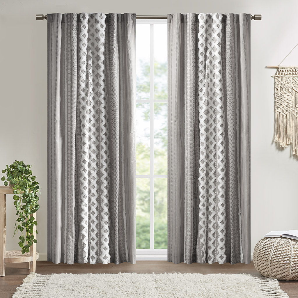 Imani - Cotton Printed Curtain Panel With Chenille Stripe And Lining - Gray