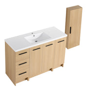 Freestanding Bathroom Vanity Set With Tall Side Cabinet, 3 Drawers And 3 Door Cabinet, Integrated Sink, Large Storage - Glossy White / Light Oak