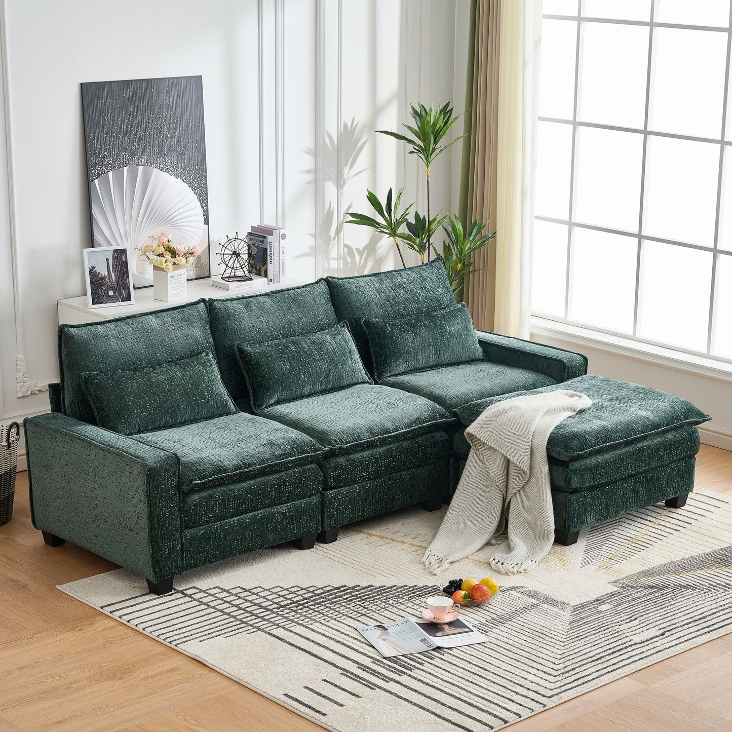 Modern Comfy L Shaped Sectional Sofa With Movable Ottoman