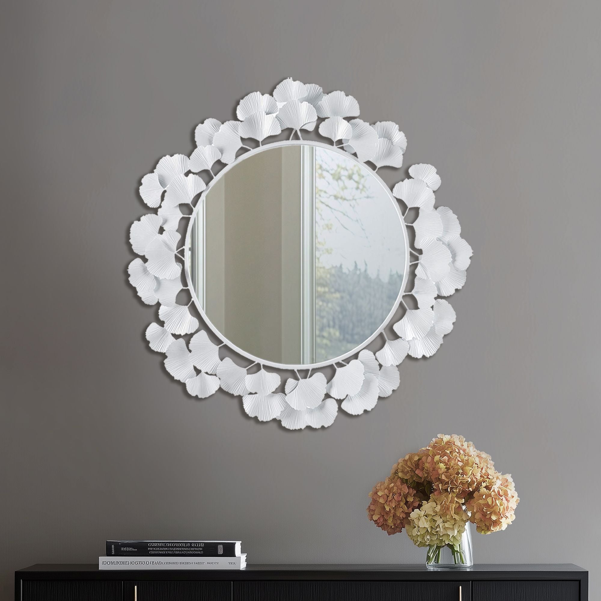 Eden - Eden Gingko Leaf Round Wall Mirror 30.5" - White