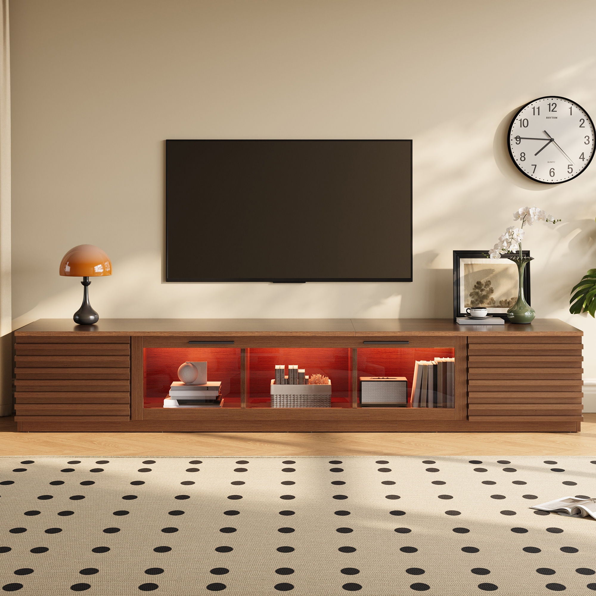 TV Stand With LED Lighting, Soft Closing Hinges, Cable Management - Walnut