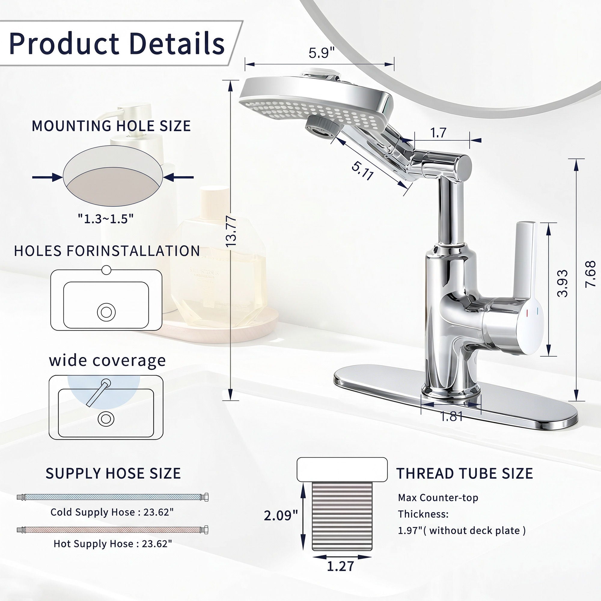 LED Temperature Display Bathroom Faucet With 3 Water Modes & 360° Rotating Spout - Chrome