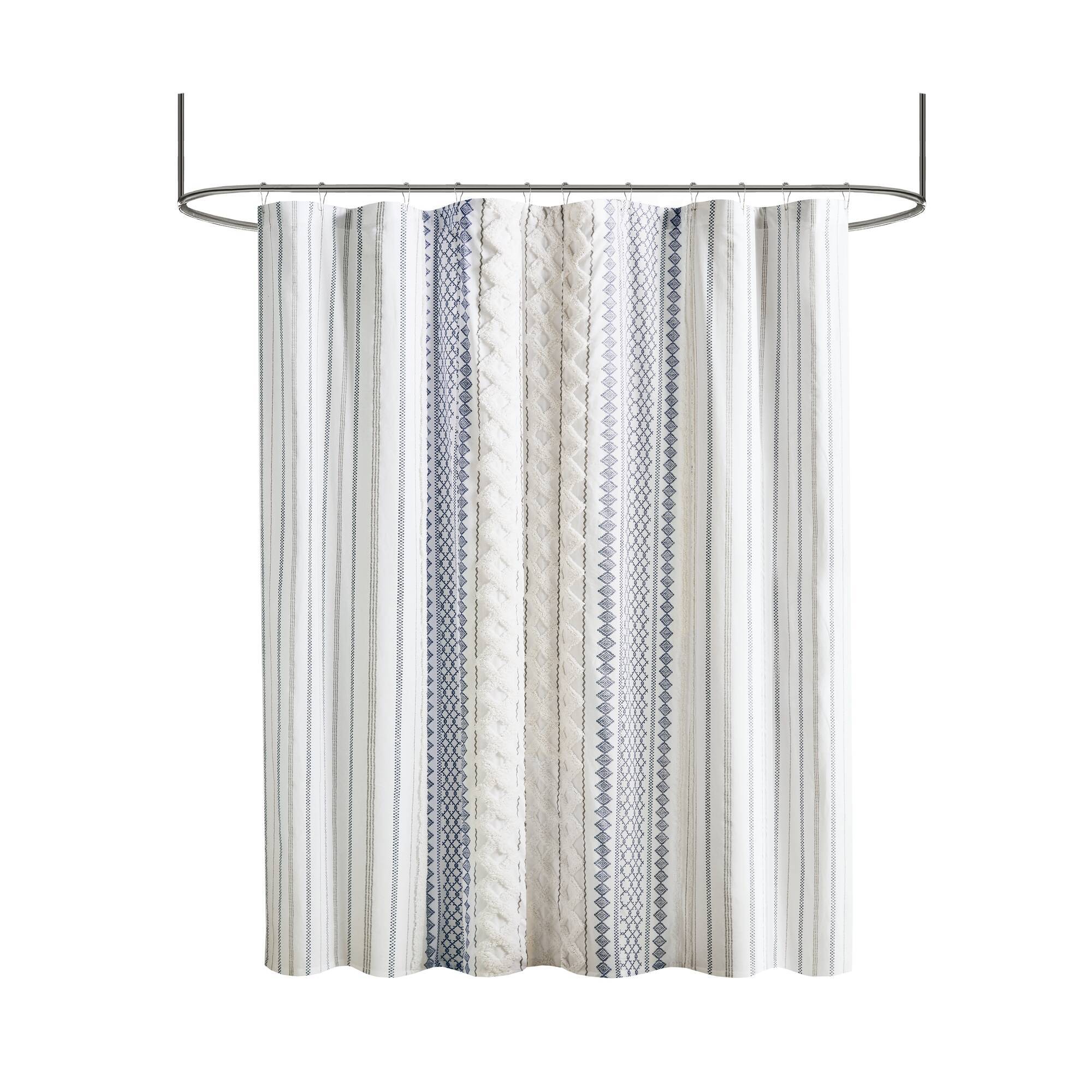 Imani - Cotton Printed Shower Curtain With Chenille - White / Navy