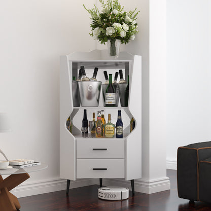 Corner Bar Cabinet With Mirrored Back, 2 Open Shelves & 2 Drawers, High Legs For Easy Cleaning