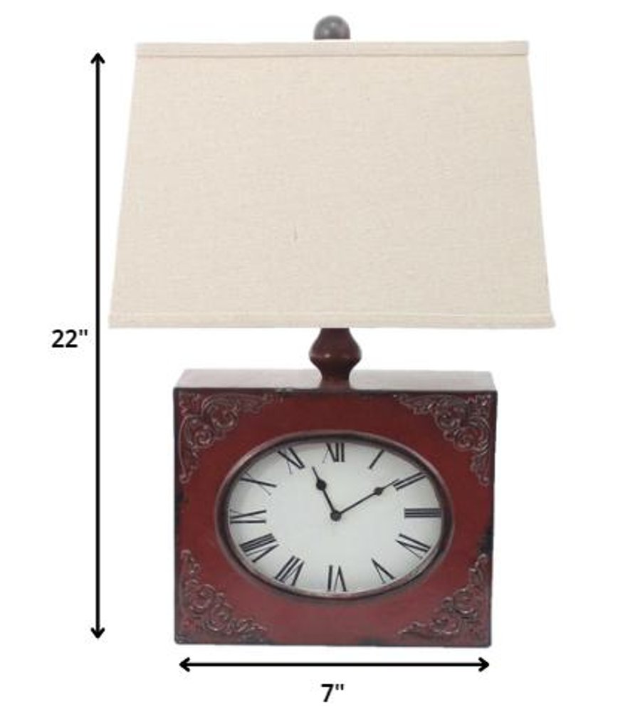 22" Distressed Red Metal Bedside Lamp With Beige Shade