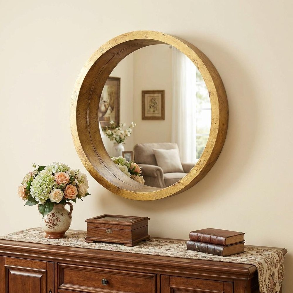 36" Gold Round Solid Wood Framed Accent Mirror