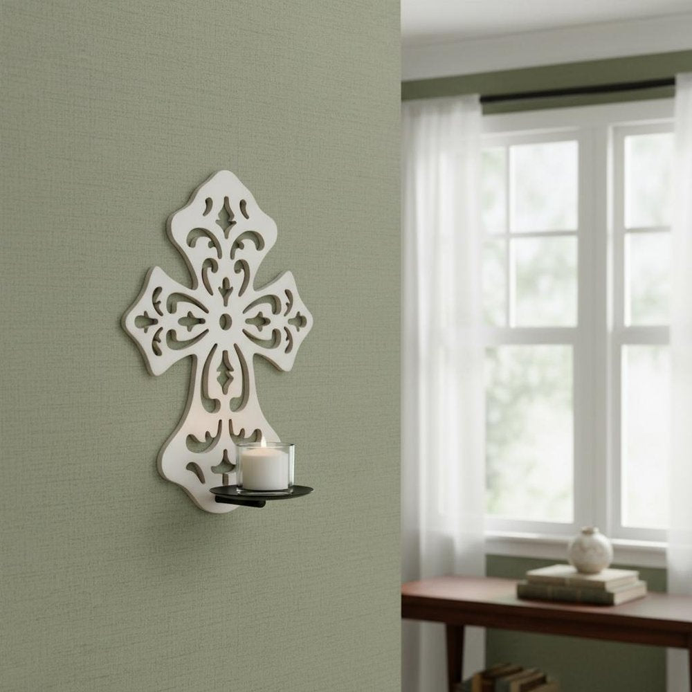 11" White Floral Solid Wood Wall Sconce Candle Holder