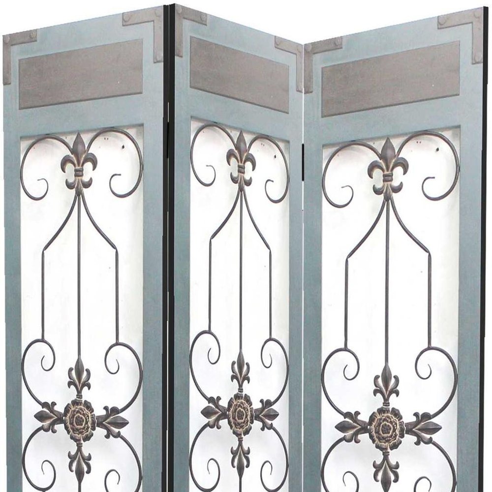 72" Blue Metal Folding Three Panel Screen Room Divider