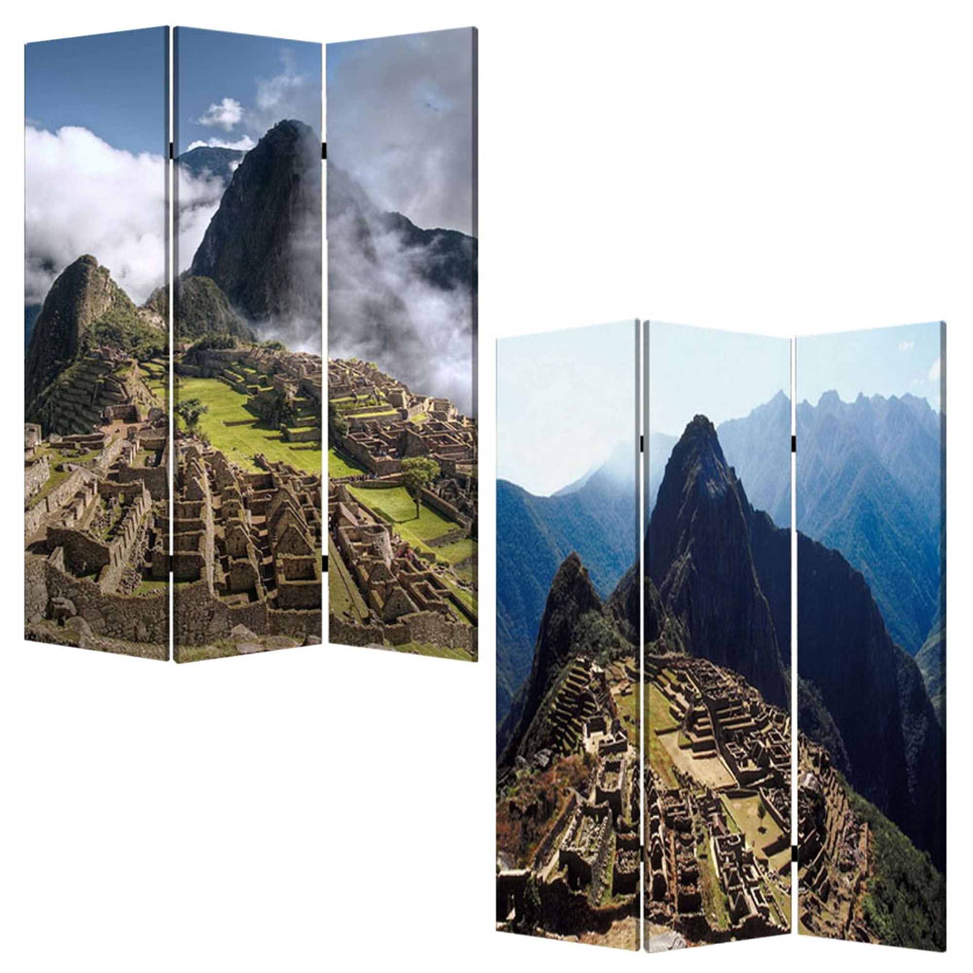 72" Blue And Green Canvas Folding Three Panel Screen Room Divider
