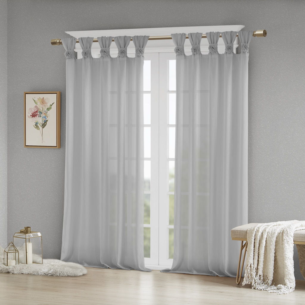 Rosette - 63" Floral Embellished Cuff Tab Top Solid Window Panel - Gray