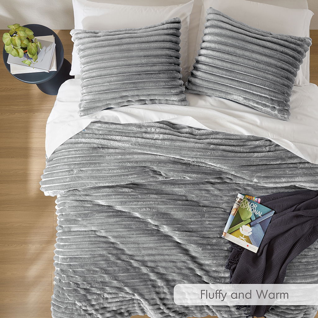 Avril - King/California King Fluffy Ribbed Plush Comforter Set - Gray