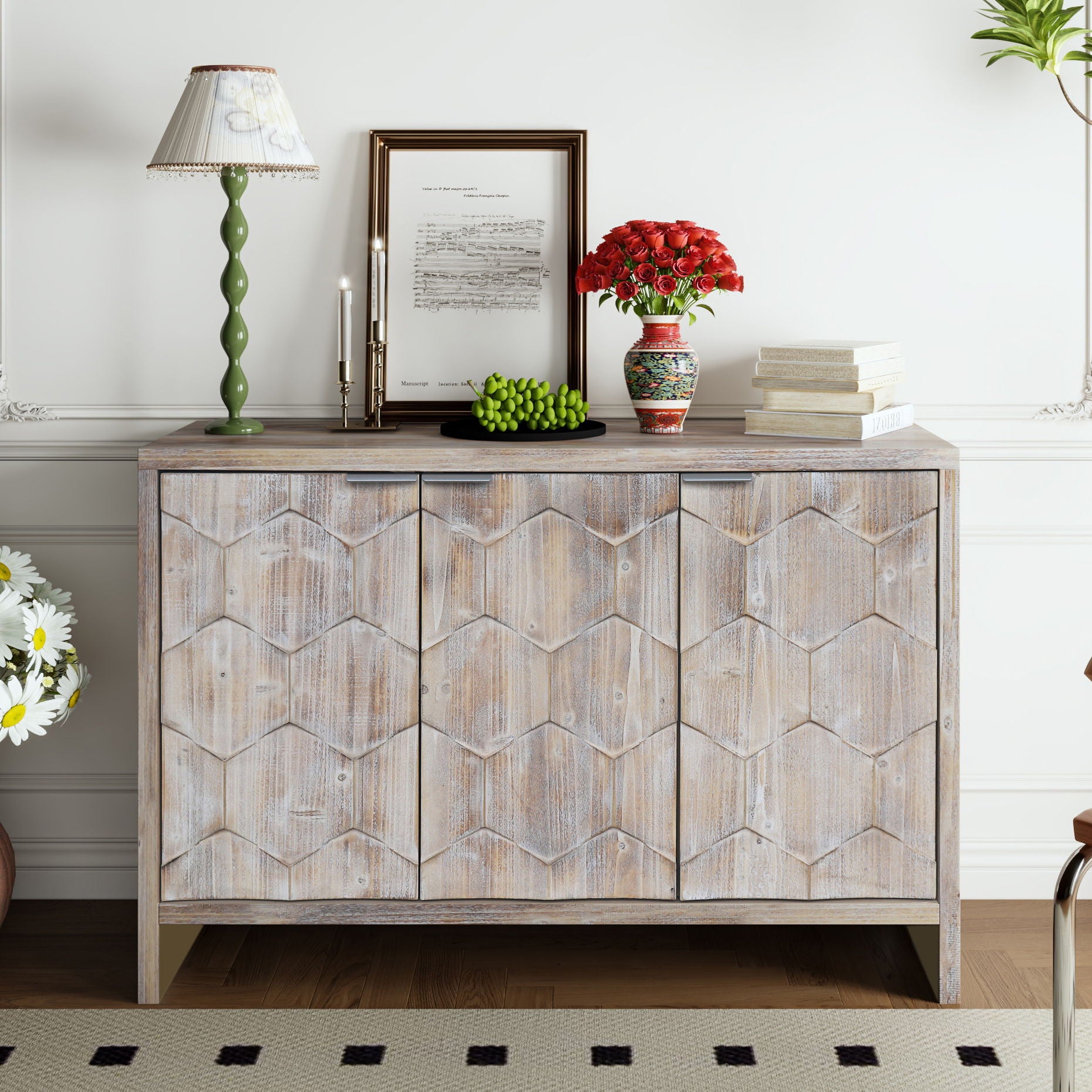 Accent Cabinet Farmhouse Style 3 Door Wooden Cabinet Sideboard Buffet Server Cabinet Storage Cabinet, For Living Room - Natural Wood Wash