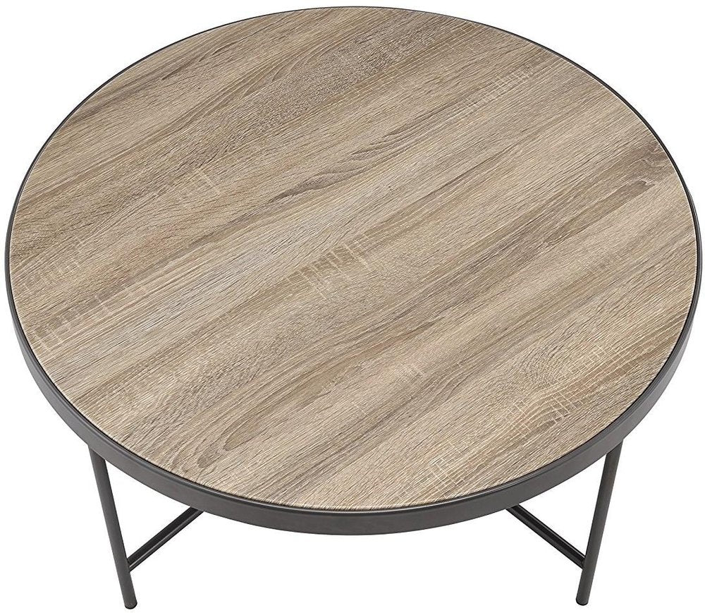 32" Brown and Black Wood And Iron Round Coffee Table