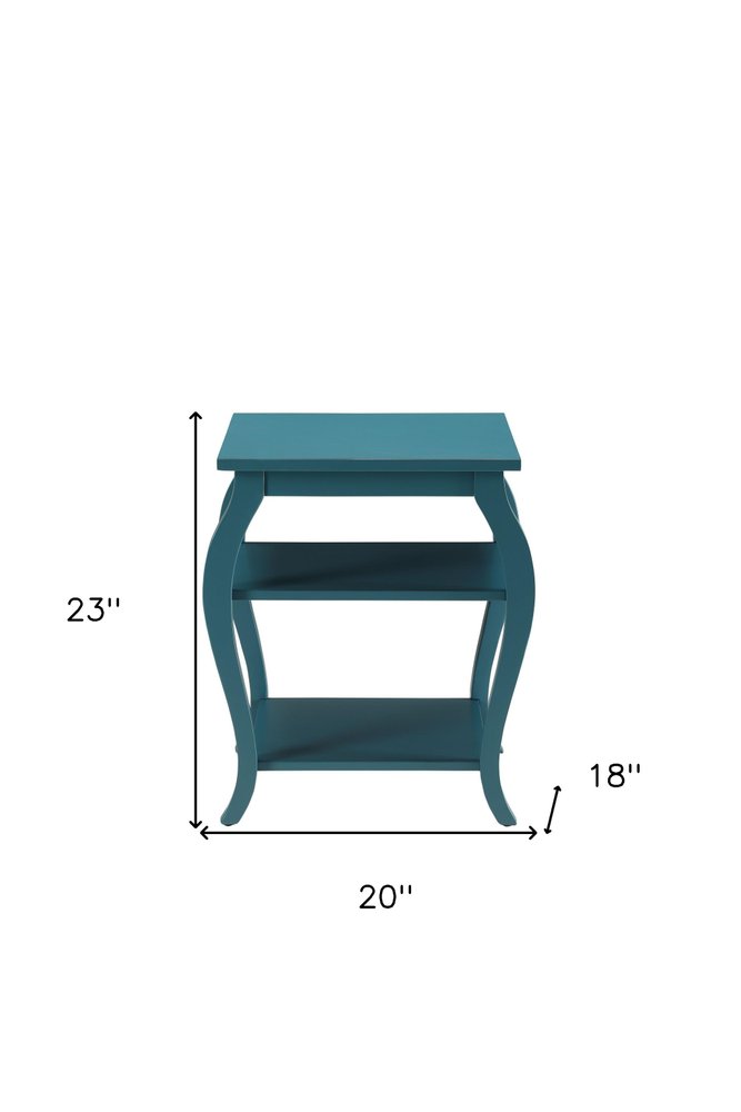 23" Teal Blue Wood Bow Leg End Table With Two Shelves