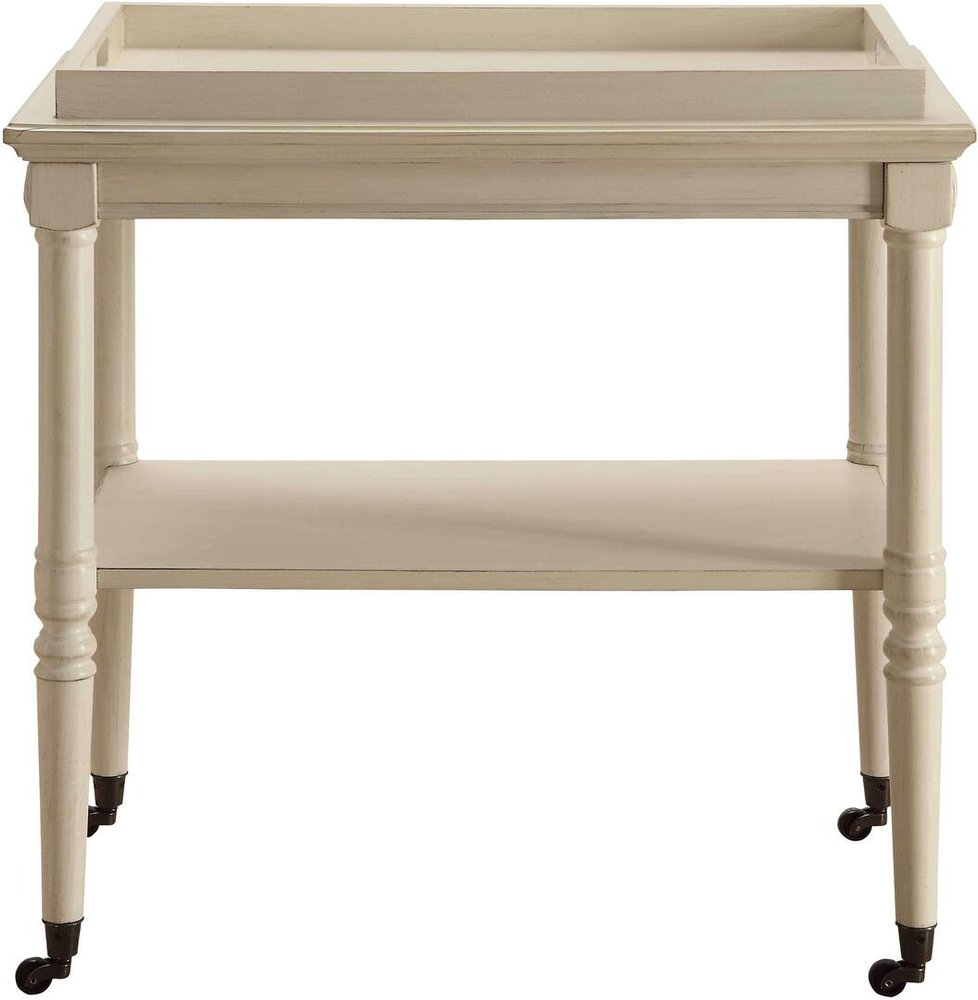 30" Antiqued White Wood Rolling Bar Cart