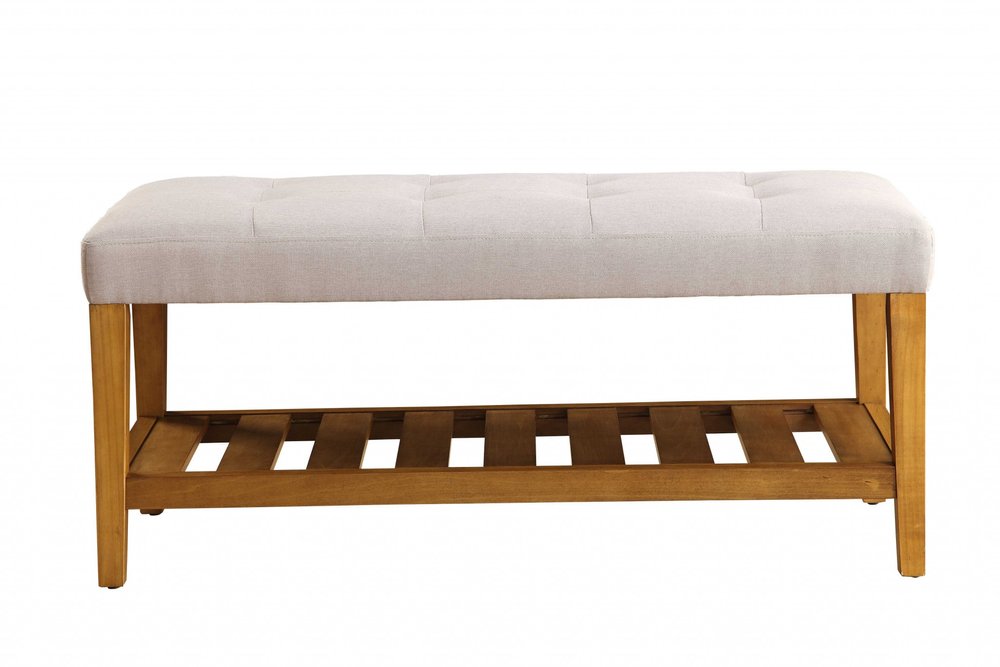 40" Blue and Brown Tufted Fabric Upholstered Storage Bench with Shelves