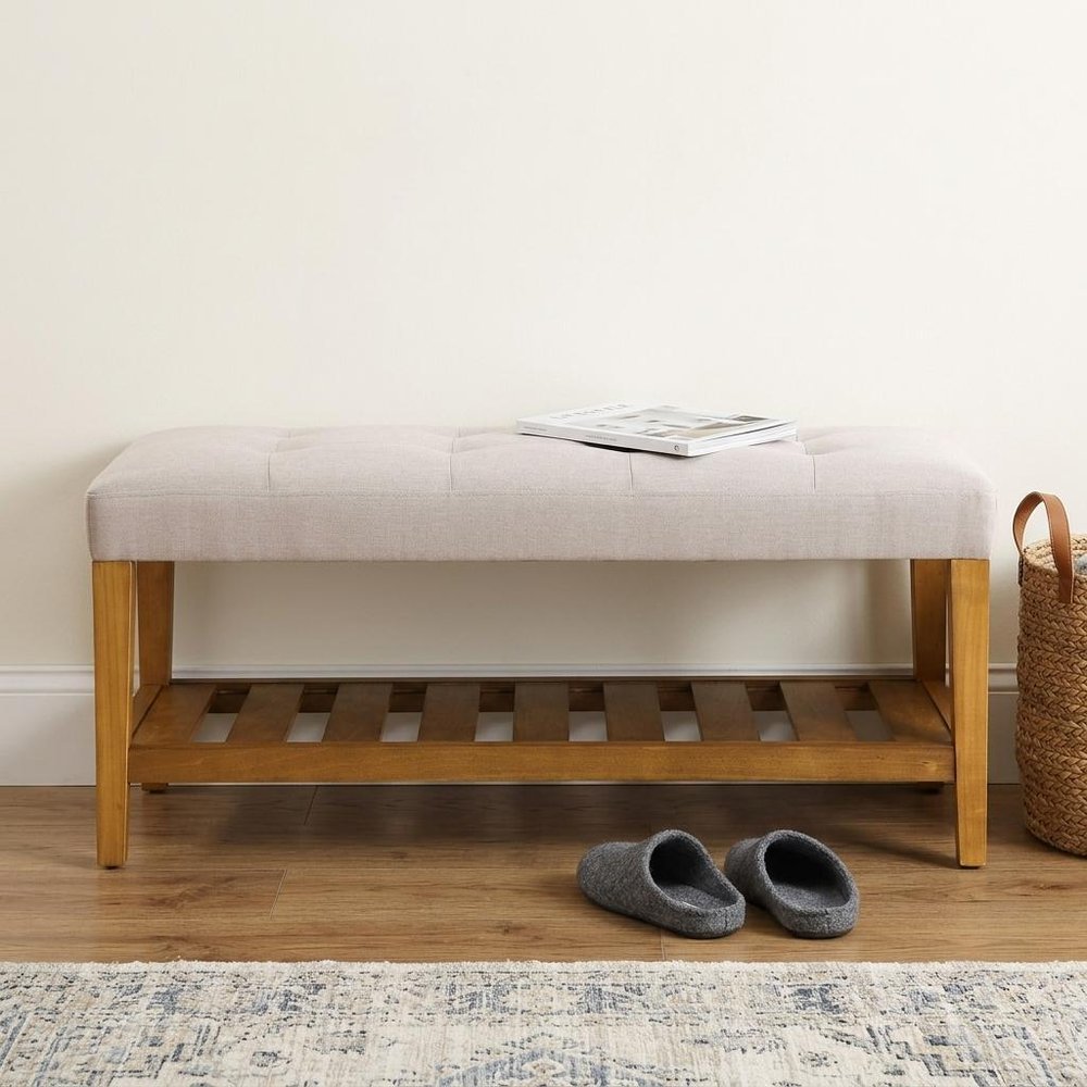 40" Blue and Brown Tufted Fabric Upholstered Storage Bench with Shelves