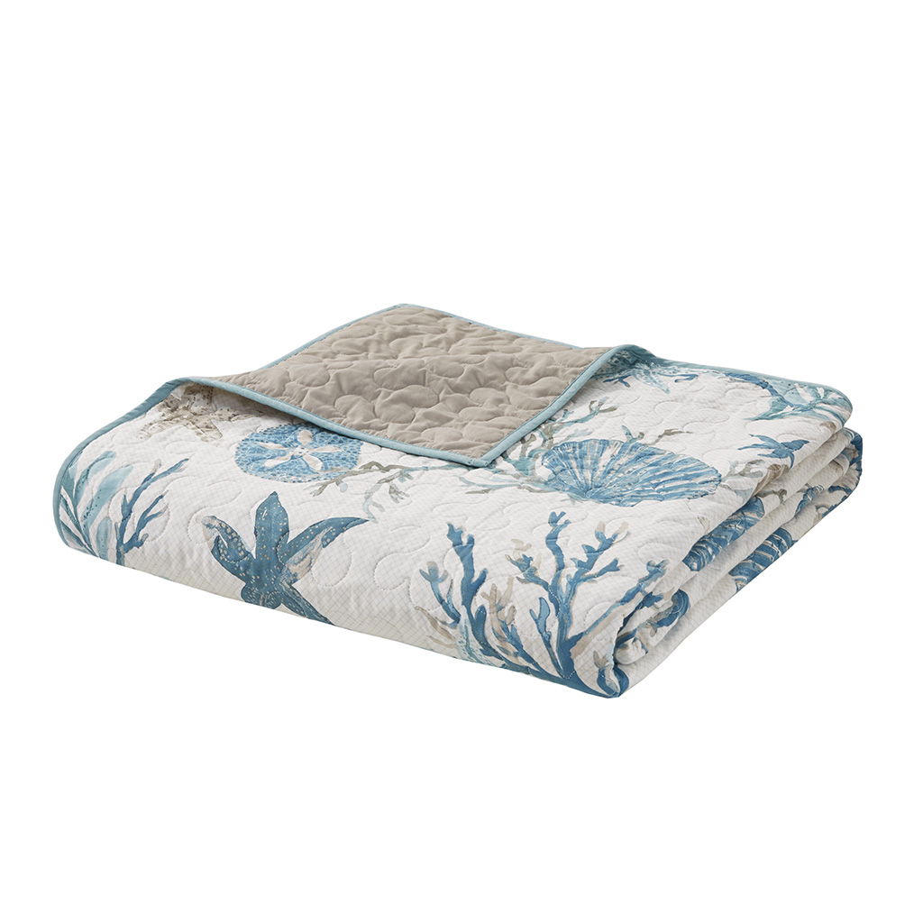 Pebble Beach - 6 Piece Cotton Sateen Quilt Set With Throw Pillows - Light Blue