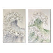 Ocean Wave Wall Art, Textured Canvas Painting With Accents (Set of 2) - Sage Green+Gold