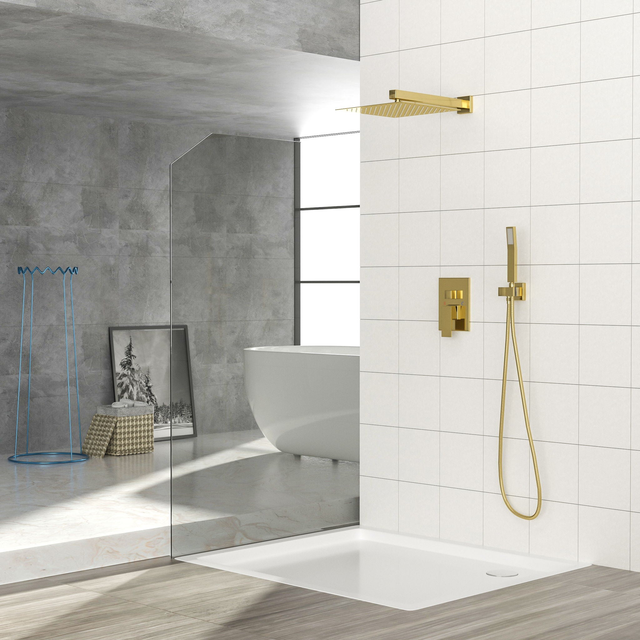 Dual Shower Head System With 12" Square Rain Shower And Rough In Valve