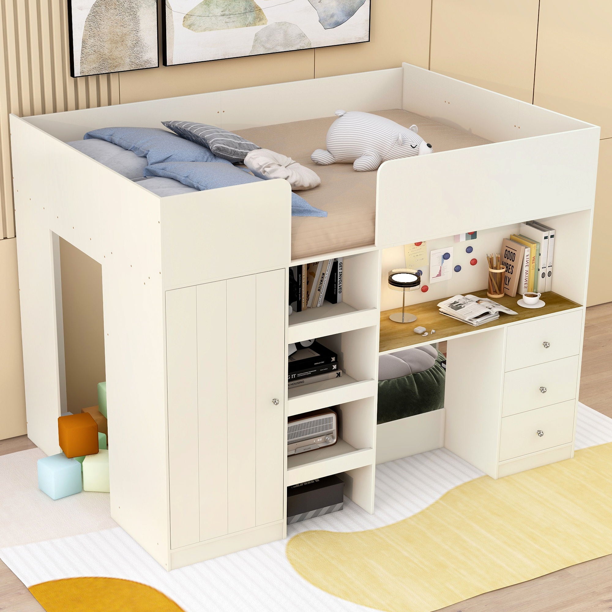 Loft Bed With Built In Wardrobe, Desk, Shelves, And Drawers
