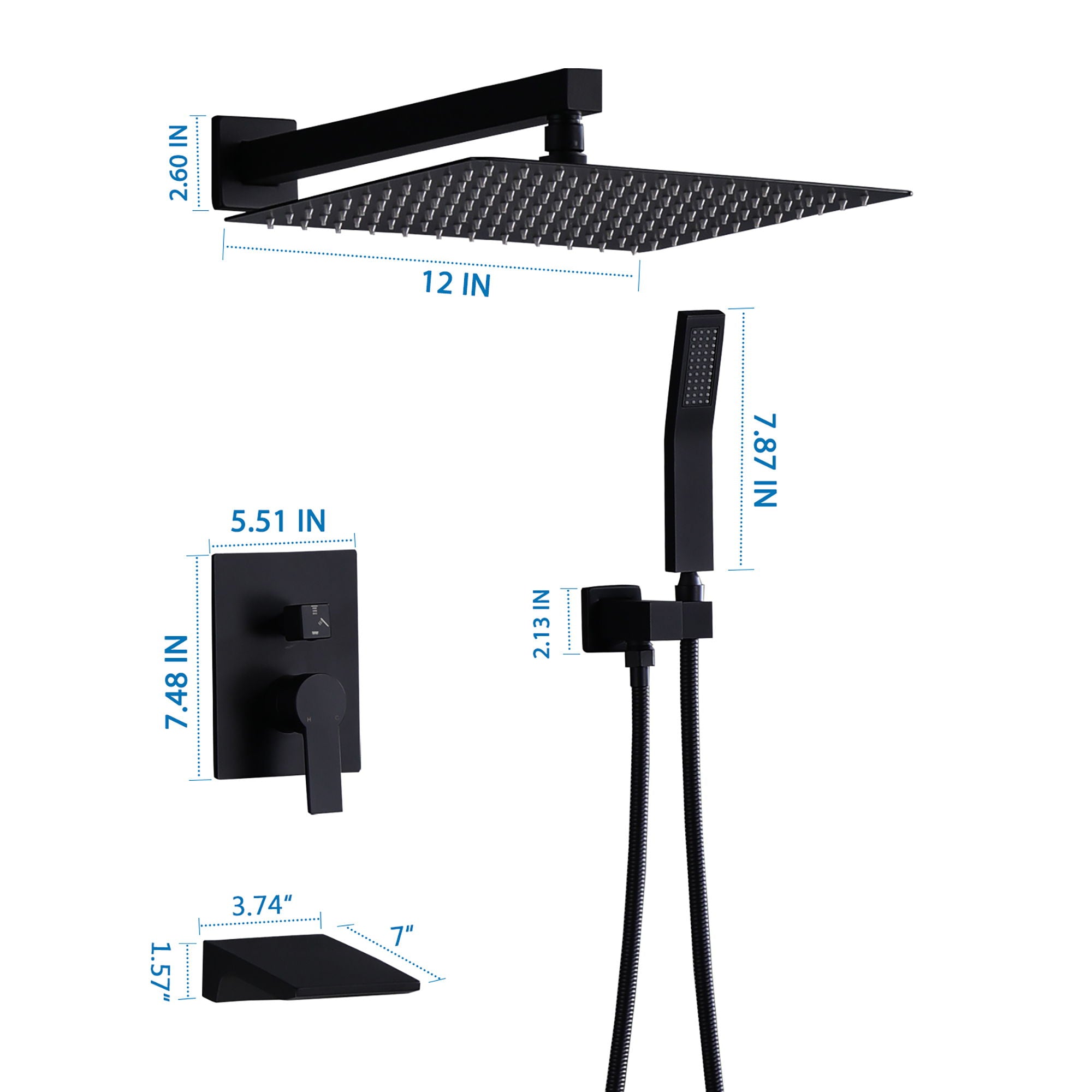Tub Shower Faucet Set With 12" Rain Shower Head And Handheld Spray Combo