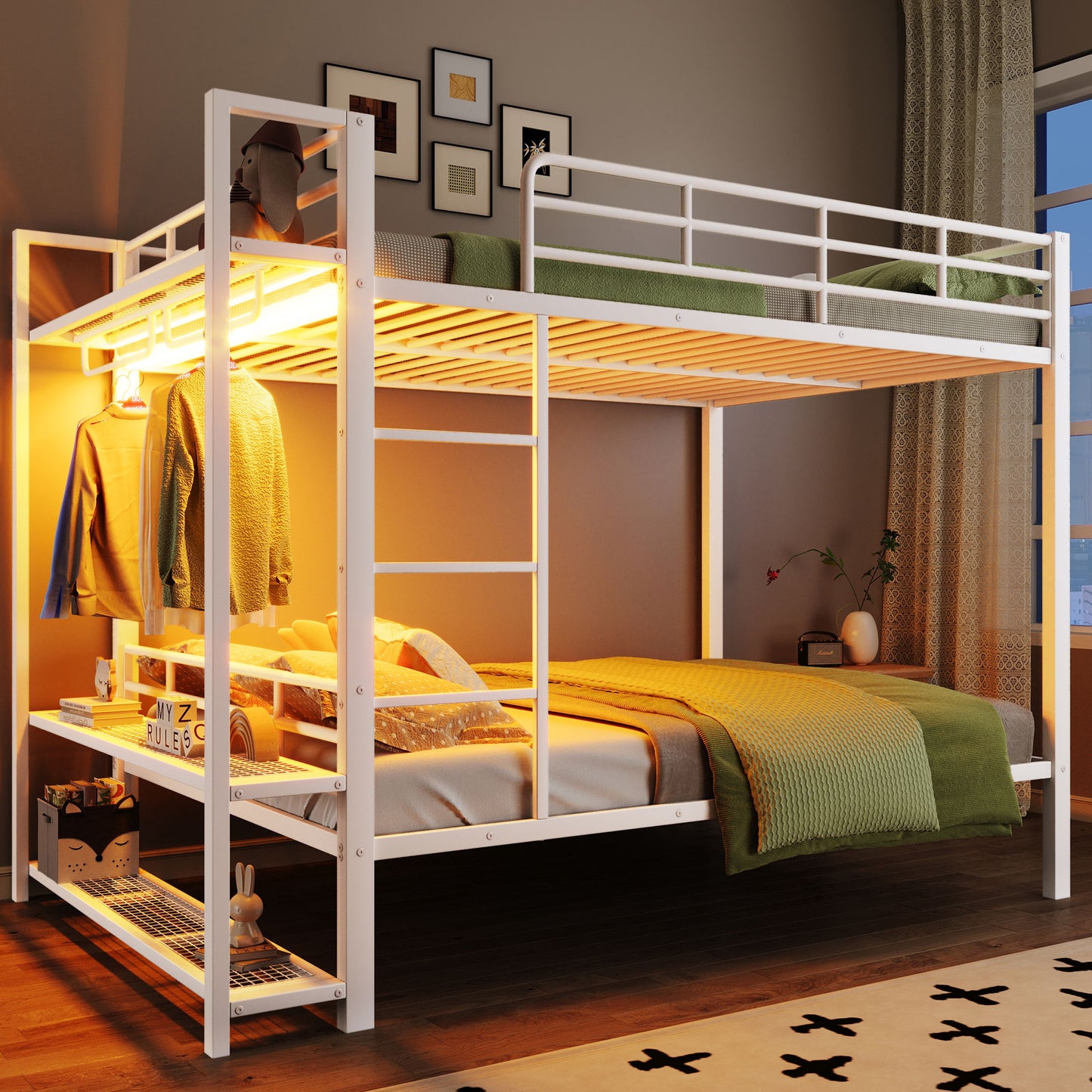 Bunk Bed With Storage Shelves, Clothes Hooks, LED Light