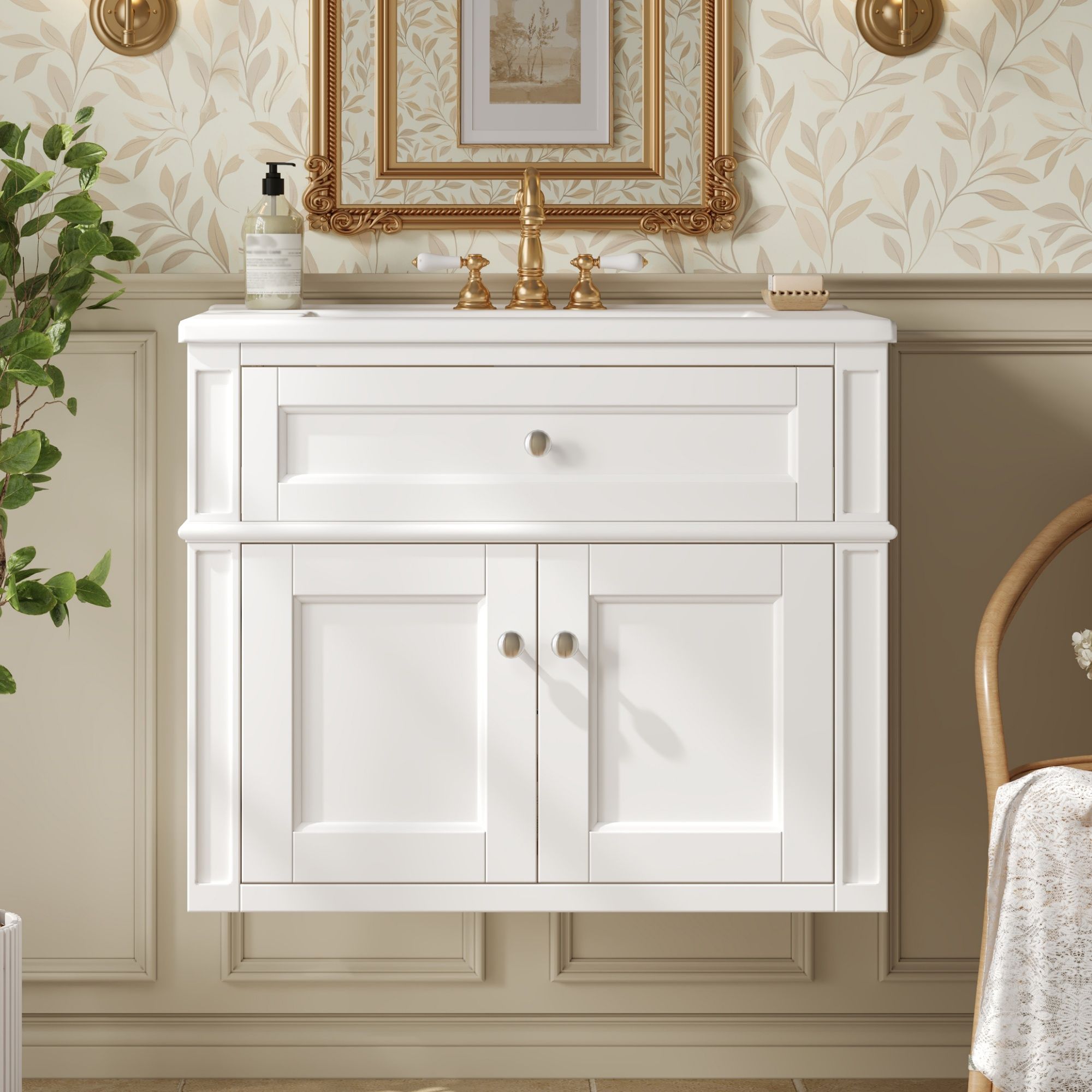 Wall Mounted Bathroom Vanity With Tip Out Drawer And Open Back Design