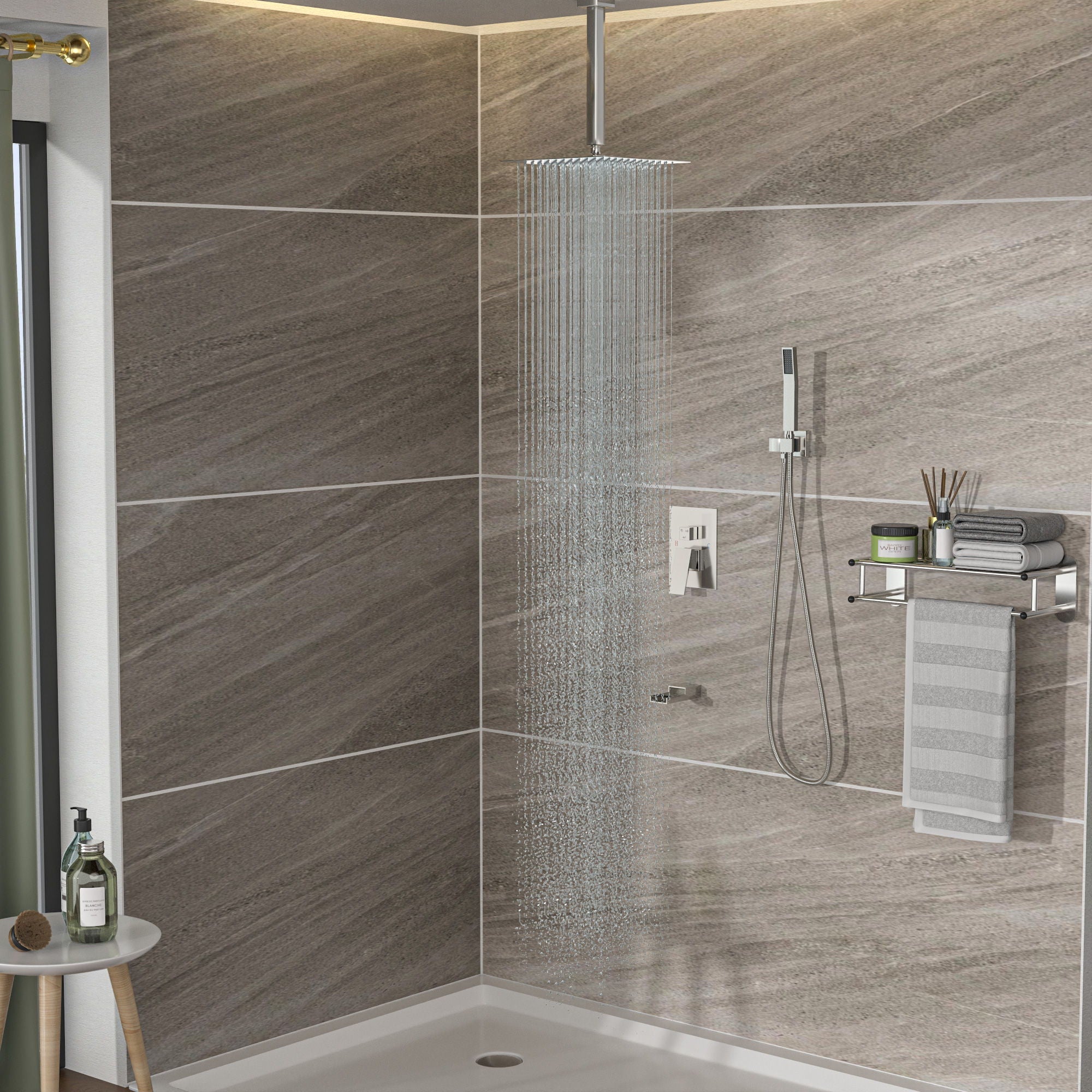 16" Ceiling Mount Square Shower System With Waterfall Tub Spout And Rough In Valve