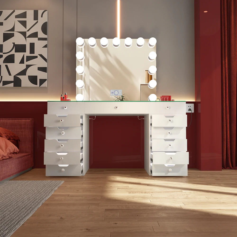 VANITII Eva Vanity Desk- White - 13 Storage Drawers