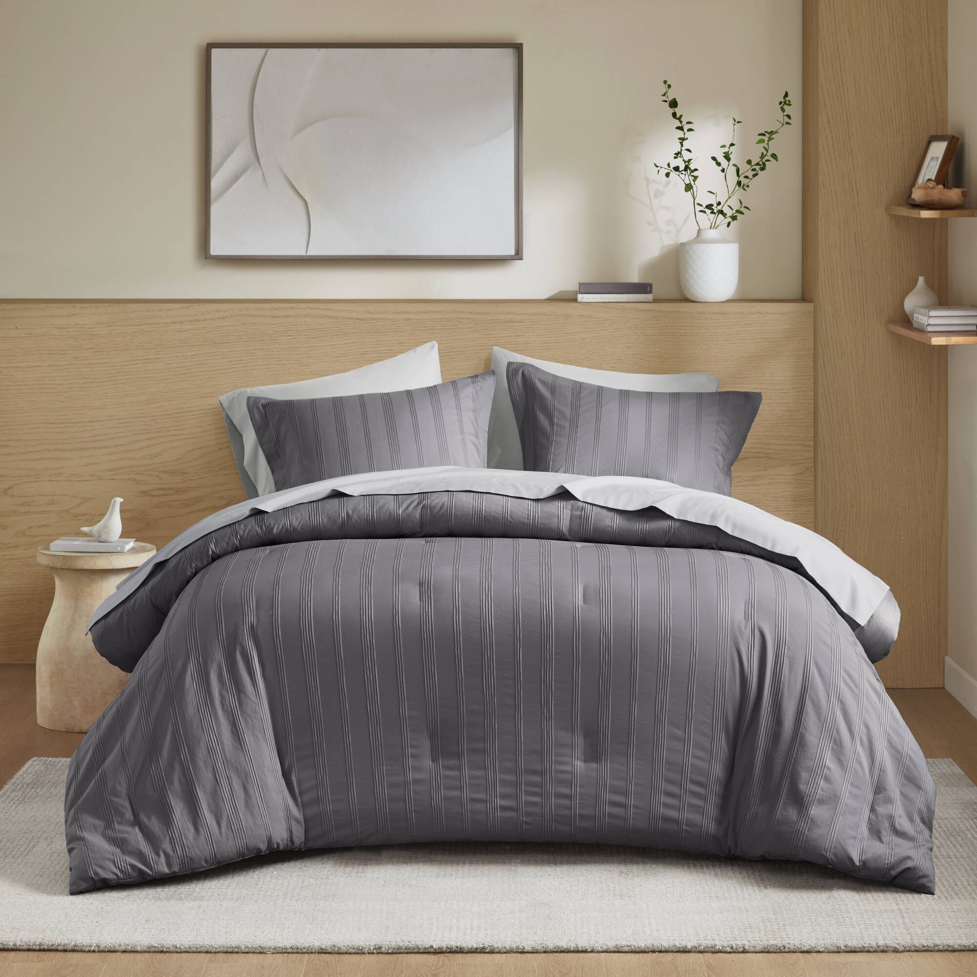 Logan - California King Striped Comforter Set - Charcoal