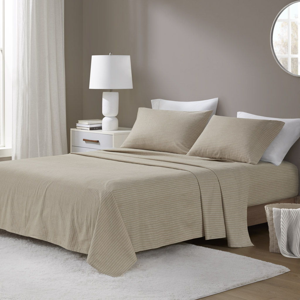 Oversized Cotton Flannel - 4 Piece Queen Sheet Set - Beige / White Stripes