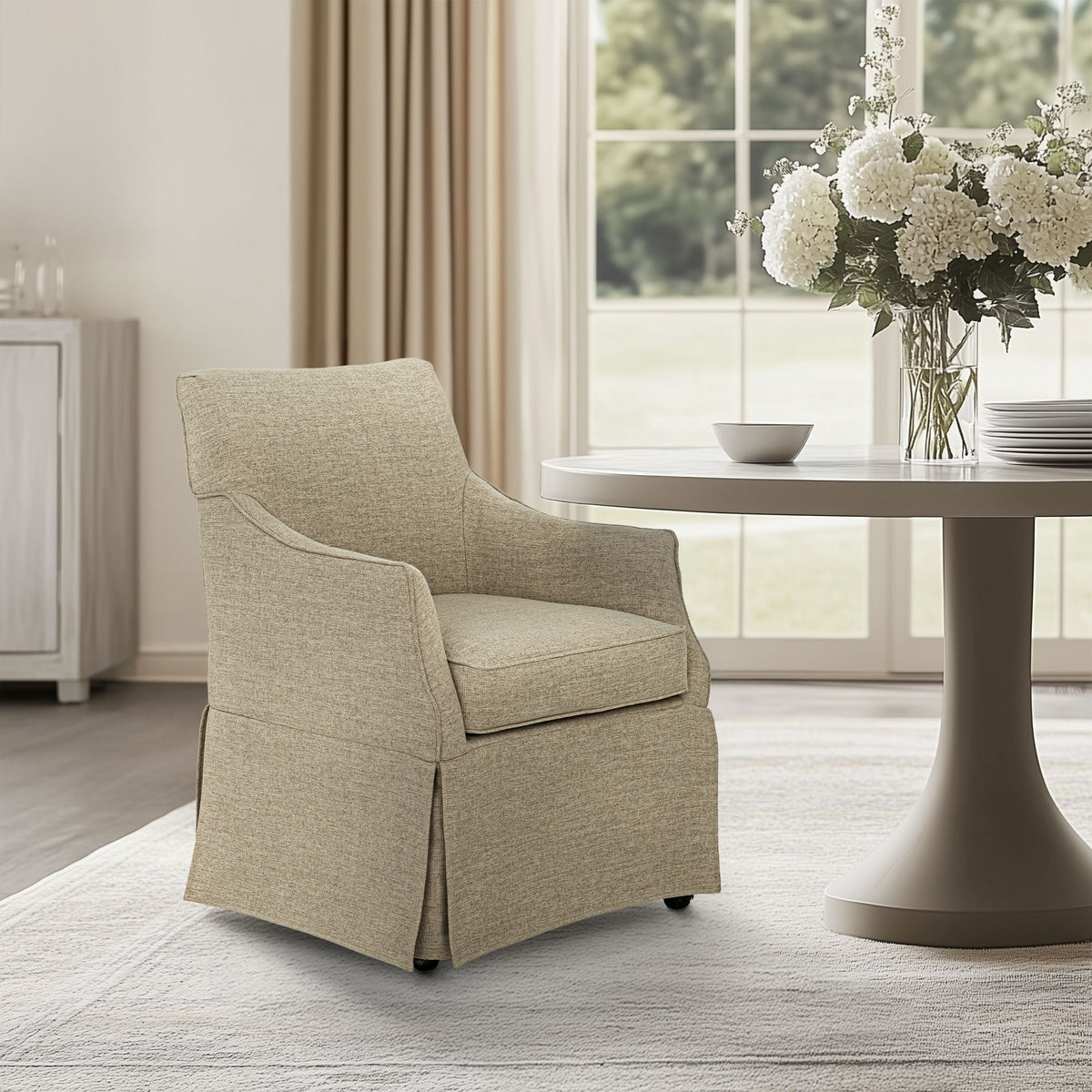 London - Upholstered Skirted Dining Arm Chair With Hidden Casters - Beige