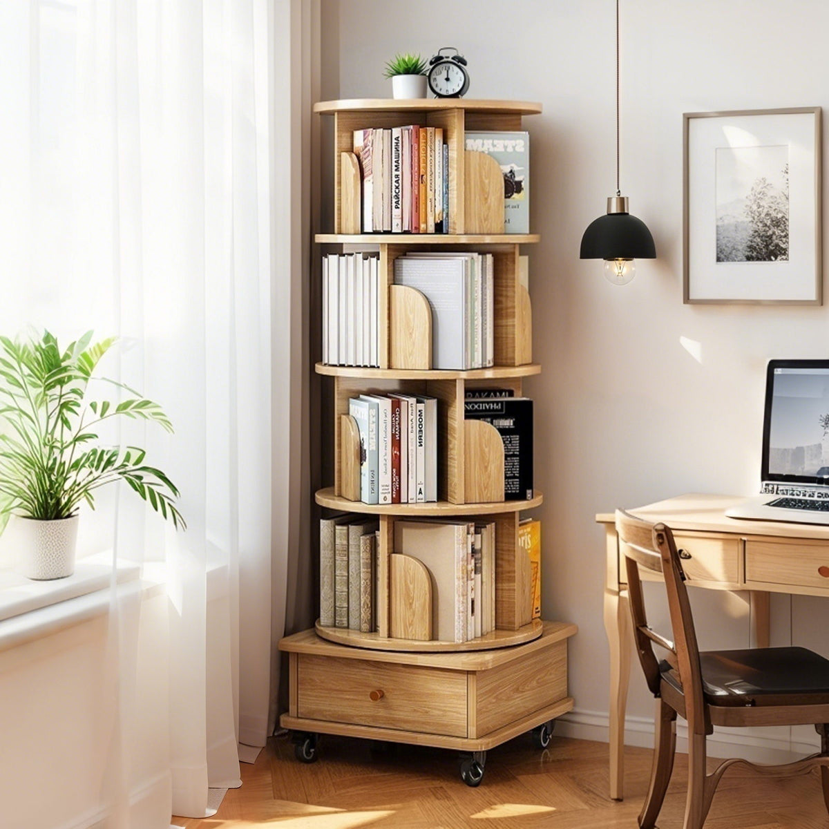 Rotating Bookshelf With Wheels And Drawer, 360° Spinning Design, Space Saving Storage