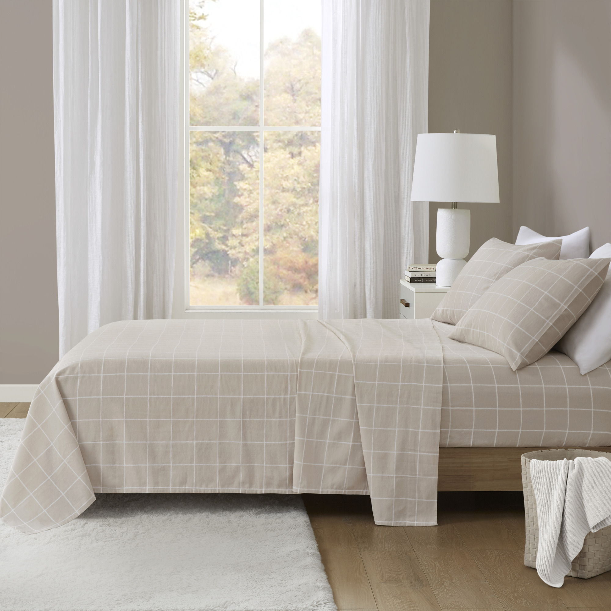Cozy Cotton Flannel - King Printed Sheet Set - Beige Windowpane