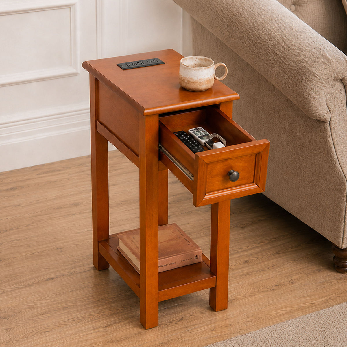 End Table With Drawer And Shelf For Living Room - Walnut