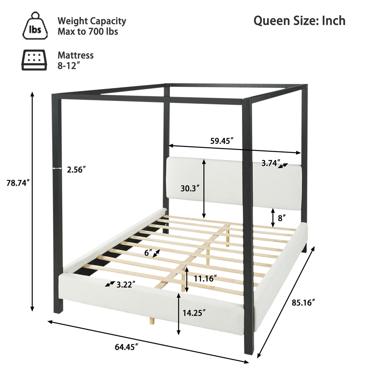 Queen Canopy Bed With Upholstery - White / Black