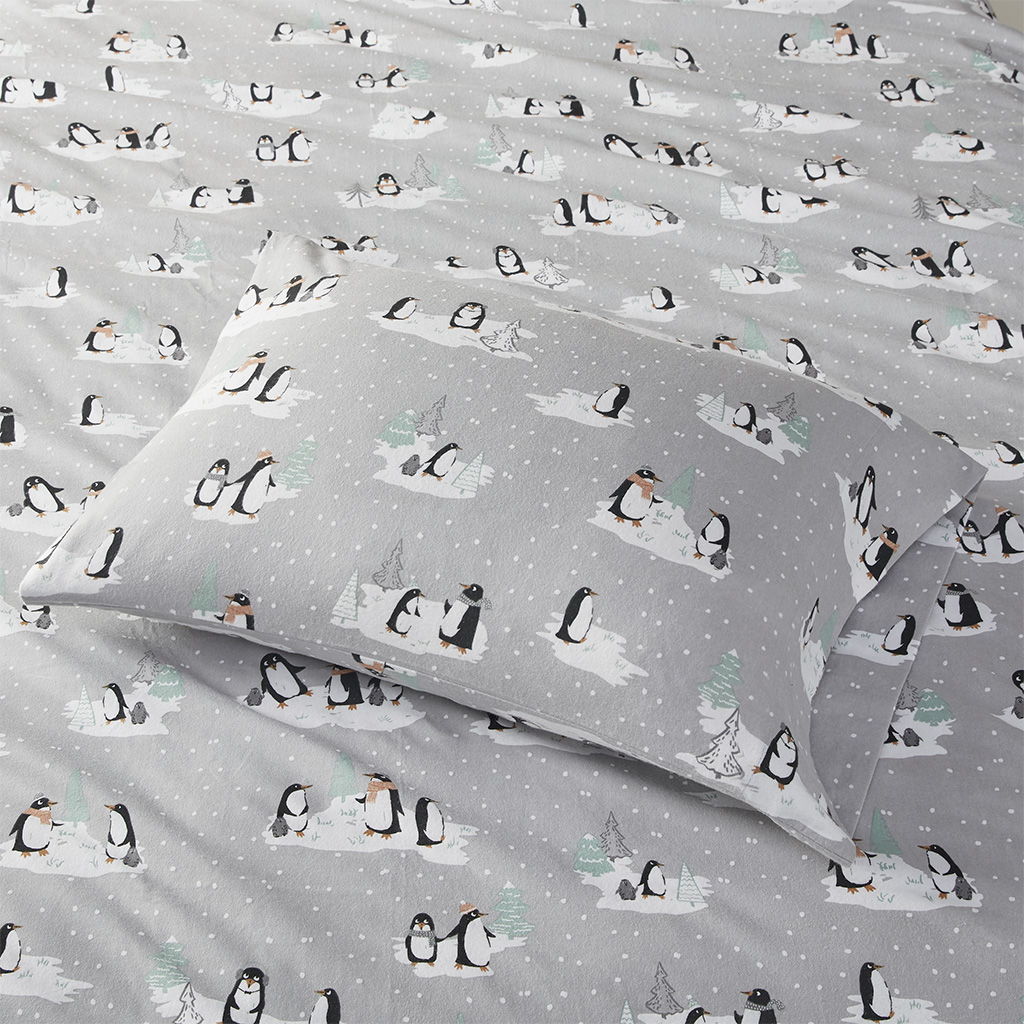 Cozy Flannel - King Printed Sheet Set - Gray Penguins