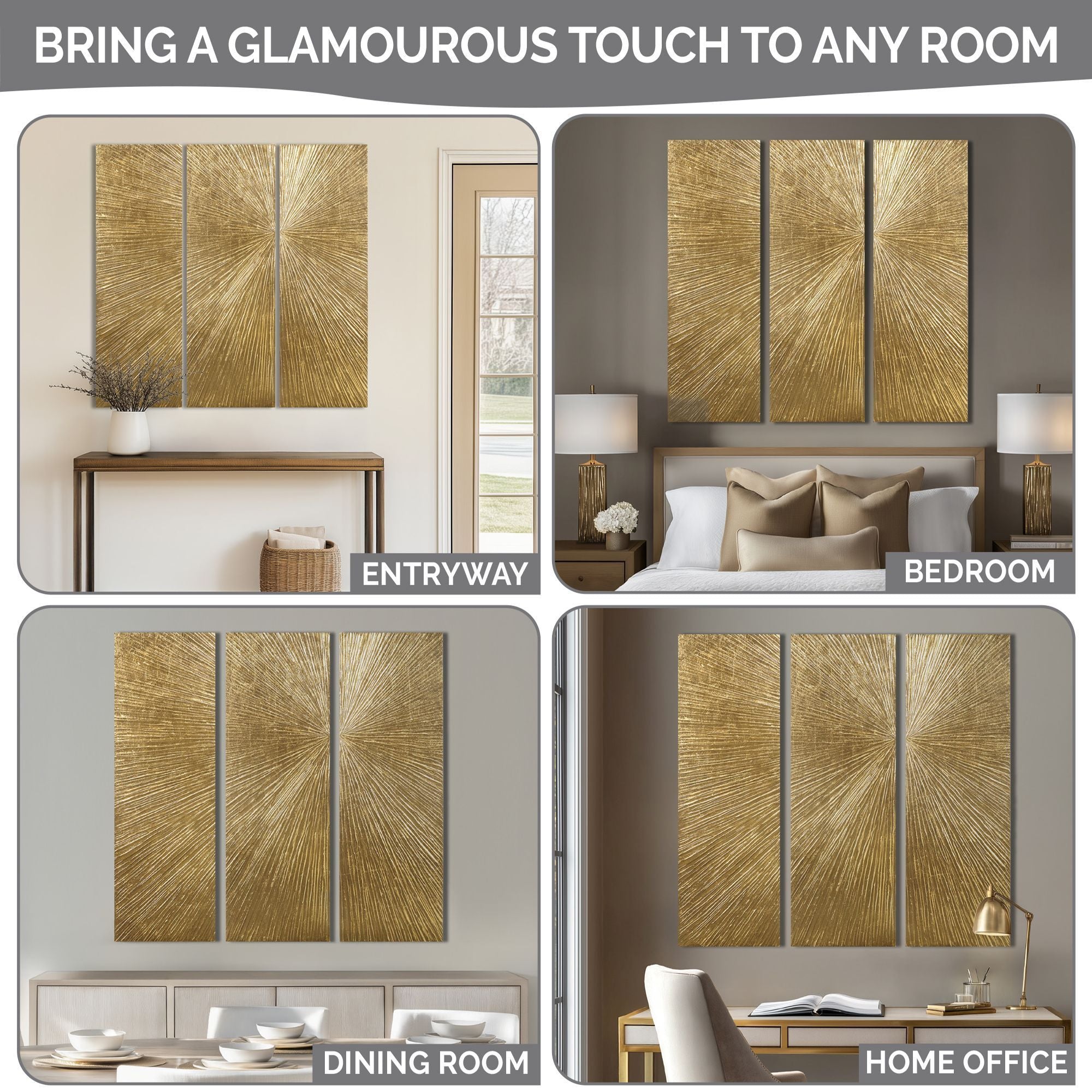 Sunburst - 100% Hand Painted Dimensional Wall Décor (Set of 3) - Gold